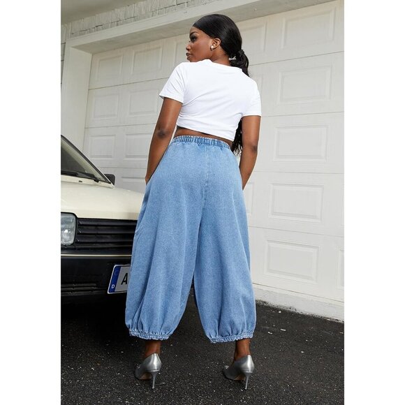Women's Cropped Elastic Waist Denim Pants Loose Baggy Wide Leg Trousers - Picture 9 of 9